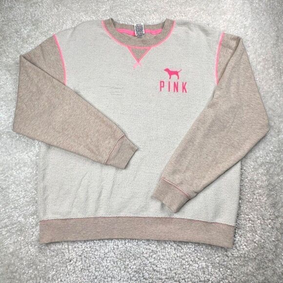 Victoria's Secret Pink Terry Crewneck Sweatshirt Beige Pink FLAW - Picture 1 of 7
